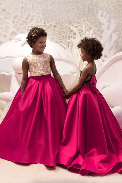Junior Satin Pageant Gown Special Occasion Fuchsia Flower Girl Dress