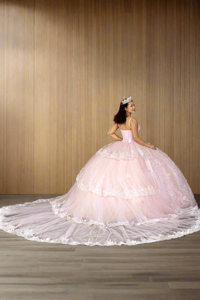 Elowen Sage Green Quinceañera Gown – Floral Ballgown with Train