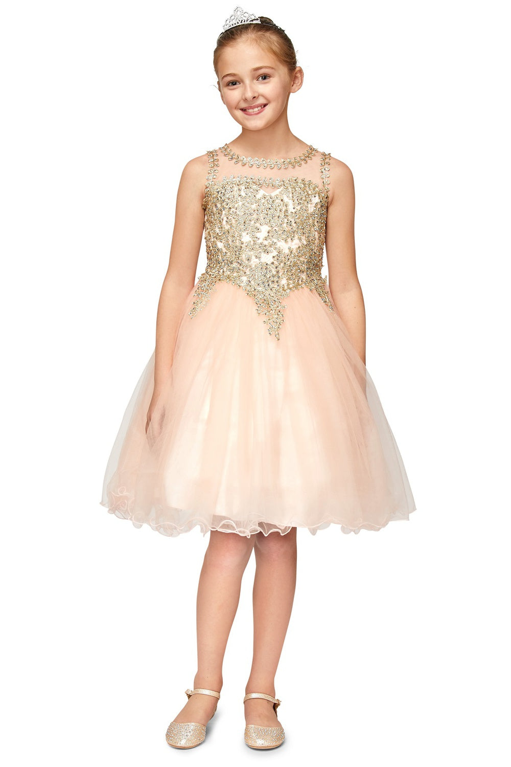 Elegant Illusion Gold Beaded Embroidered Girls Party Pageant Short Dress