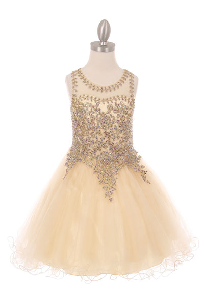 Elegant Illusion Gold Beaded Embroidered Girls Party Pageant Short Dress