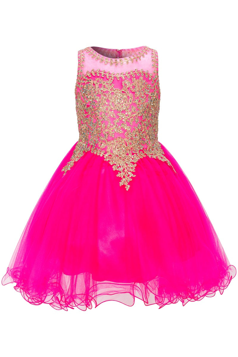 Elegant Illusion Gold Beaded Embroidered Girls Party Pageant Short Dress