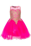 Elegant Illusion Gold Beaded Embroidered Girls Party Pageant Short Dress