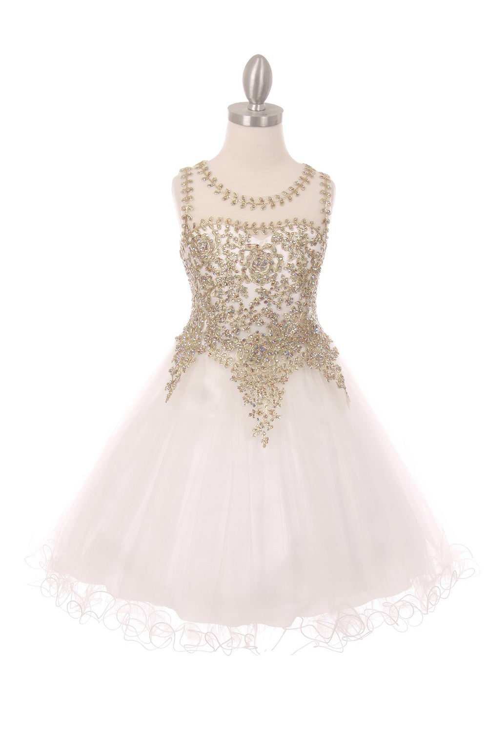 Elegant Illusion Gold Beaded Embroidered Girls Party Pageant Short Dress