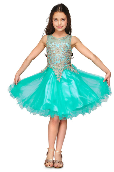 Elegant Illusion Gold Beaded Embroidered Girls Party Pageant Short Dress