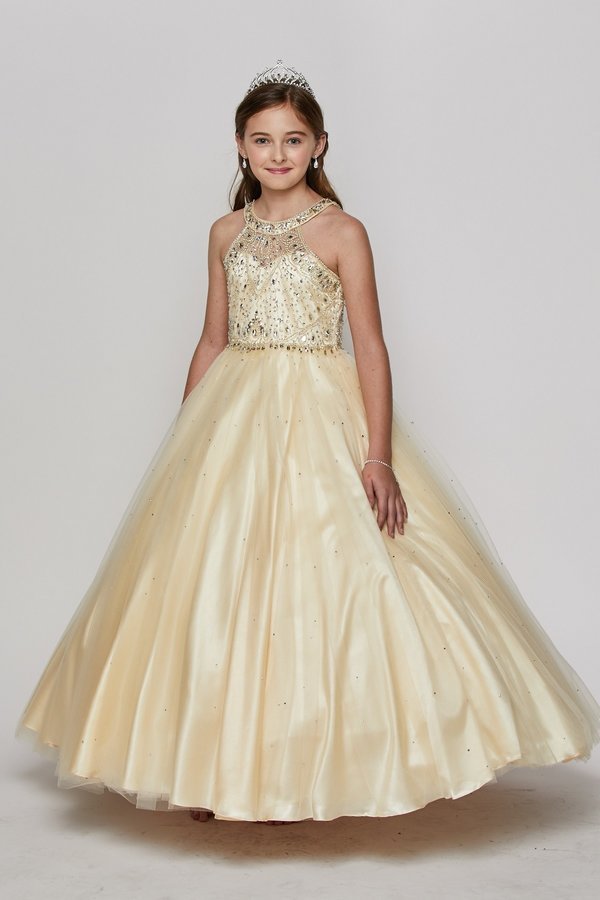 Floor Length Couture Girls Pageant Dress With Halter Neckline