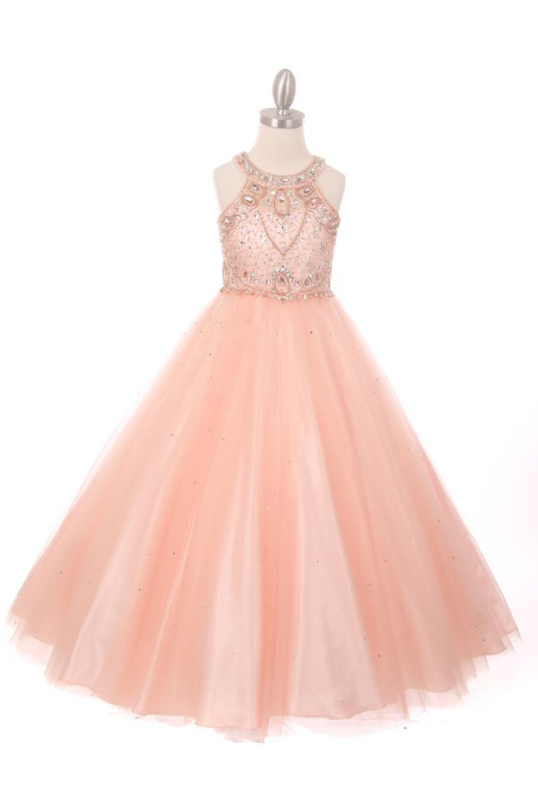 Floor Length Couture Girls Pageant Dress With Halter Neckline