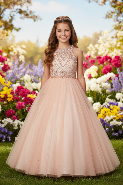 Loella Girls Beaded Tulle Pageant Dress Gown | Blush Kids
