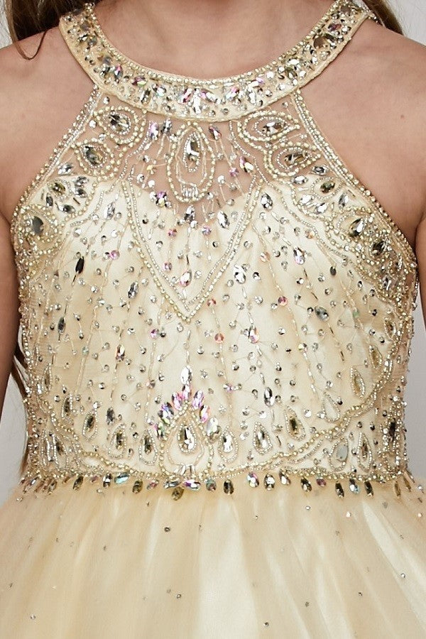 Floor Length Couture Girls Pageant Dress With Halter Neckline