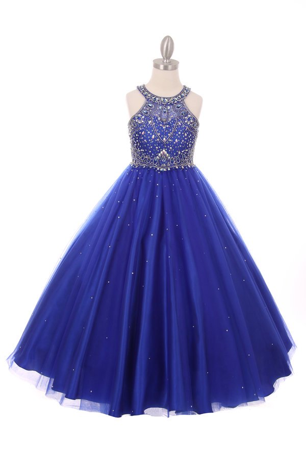 Floor Length Couture Girls Pageant Dress With Halter Neckline