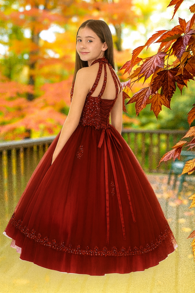 Burgundy Halter Ball Gown | Girls Pageant & Occasion Dress