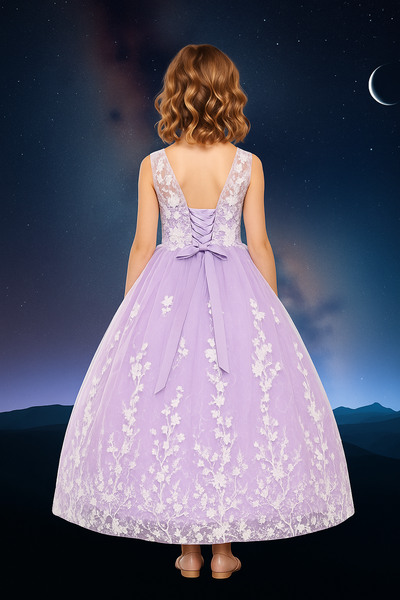 Lilac Floral Lace Ball Gown | Girls Pageant & Communion Dress