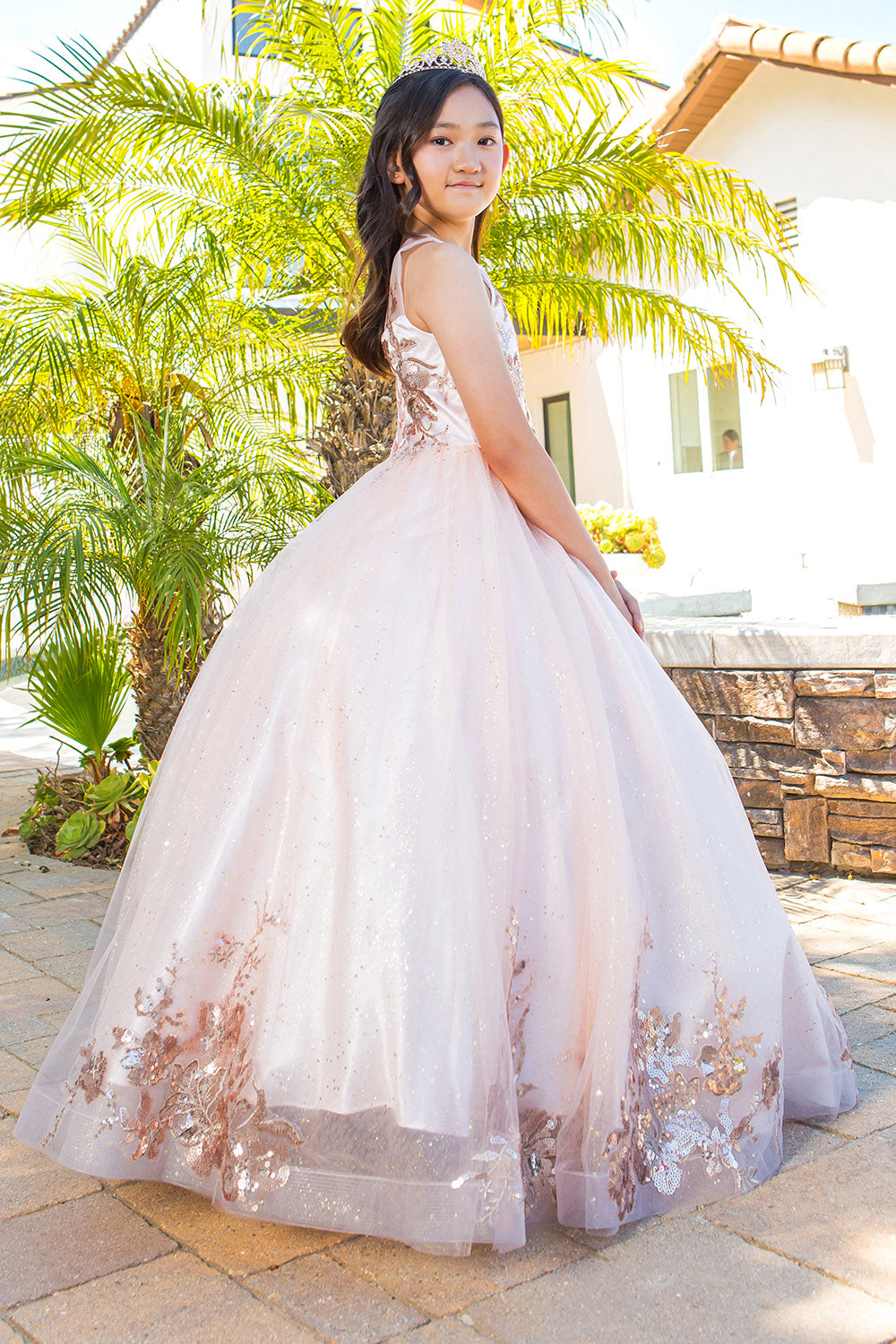 Mini Quince Princess Flower Girl Pageant Floral Embroidered Illusion Party Gown