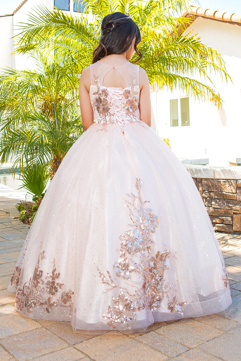 Mini Quince Princess Flower Girl Pageant Floral Embroidered Illusion Party Gown