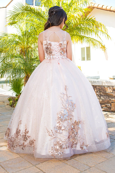 Mini Quince Princess Flower Girl Pageant Floral Embroidered Illusion Party Gown