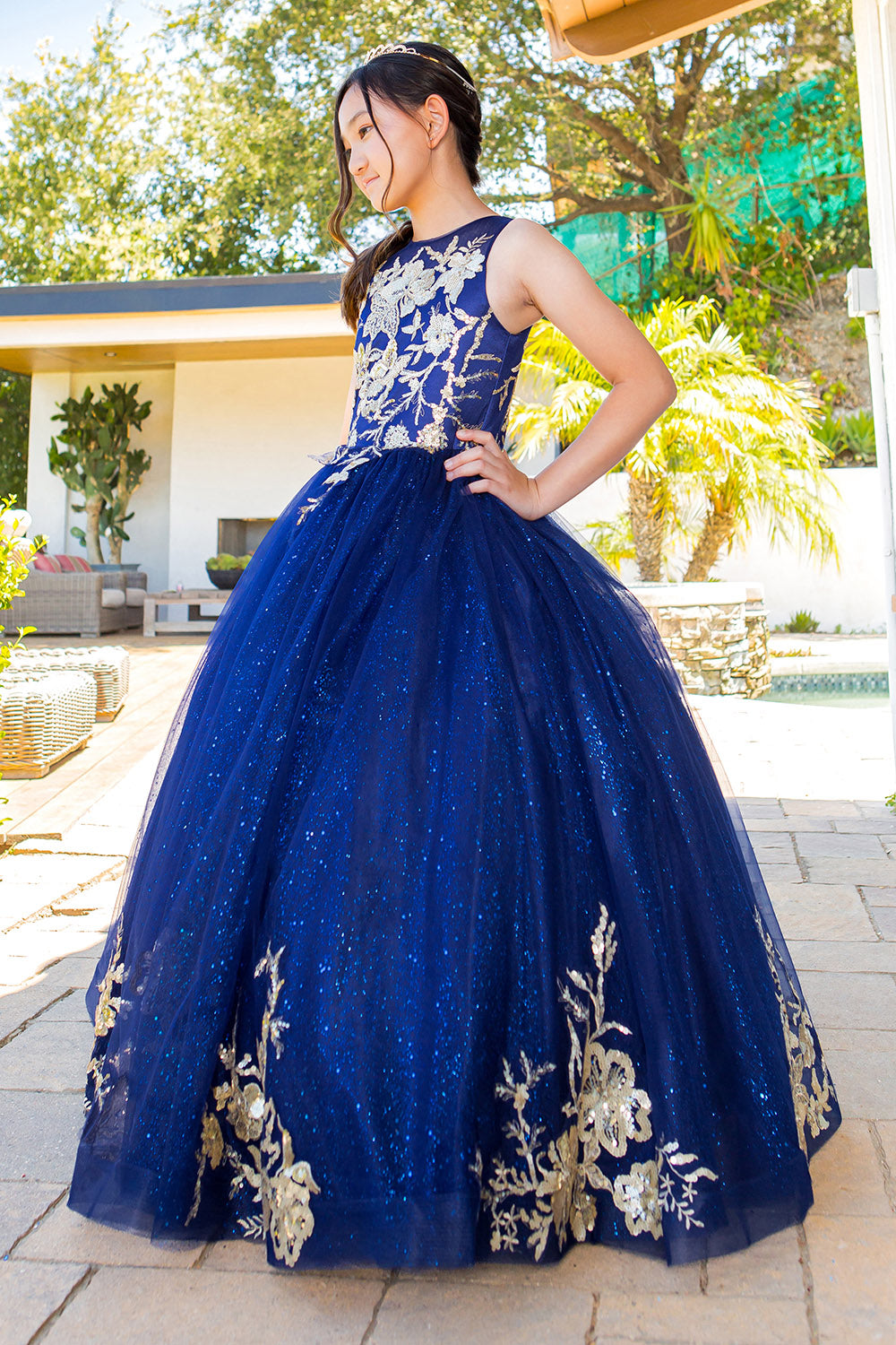 Mini Quince Princess Flower Girl Pageant Floral Embroidered Illusion Party Gown