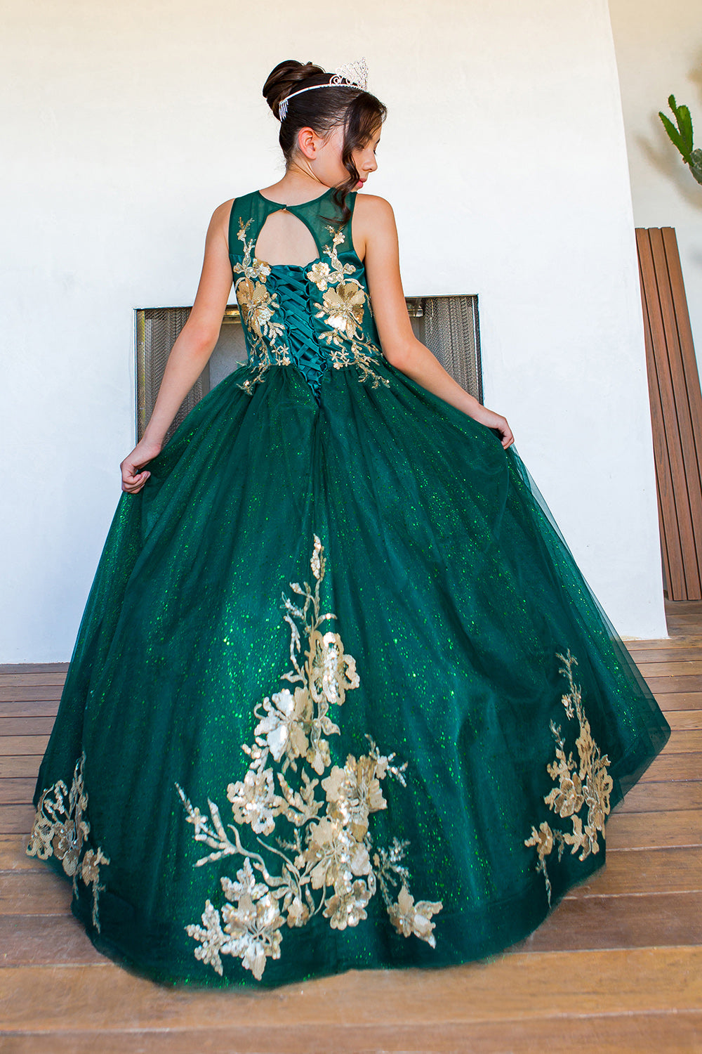 Mini Quince Princess Flower Girl Pageant Floral Embroidered Illusion Party Gown