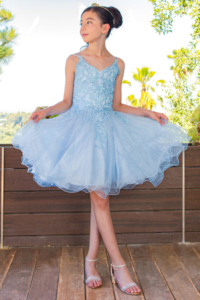 Girls Double Spaghetti Strapped Embroidered Tulle Pageant Short Dress