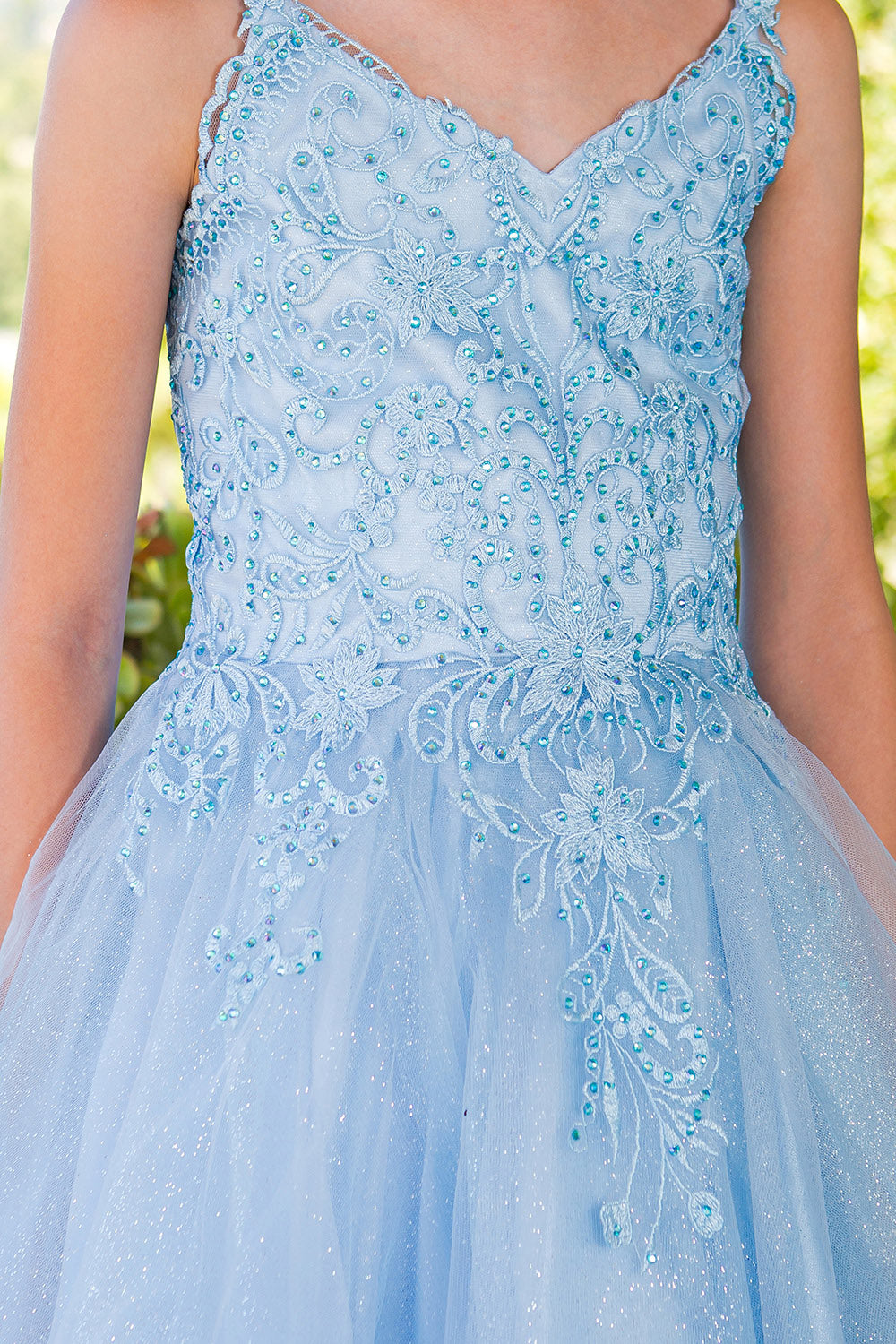 Girls Double Spaghetti Strapped Embroidered Tulle Pageant Short Dress