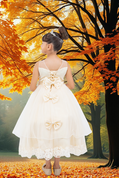 Girls Communion Dress with Bows | Off-White & Champagne Color