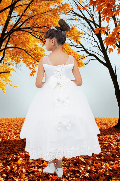 Girls Communion Dress with Bows | Off-White & Champagne Color