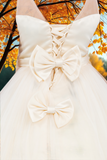 Girls Communion Dress with Bows | Off-White & Champagne Color