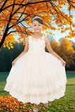 Girls Communion Dress with Bows | Off-White & Champagne Color