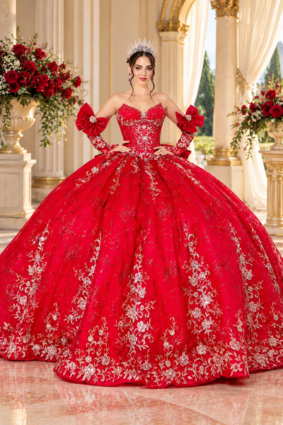 Luxury Red Quinceañera Ball Gown with Gold Embroidery