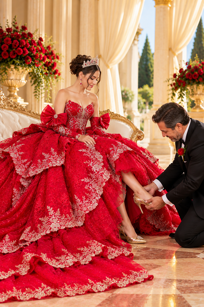 Luxury Red Quinceañera Ball Gown with Gold Embroidery