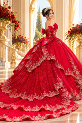 Luxury Red Quinceañera Ball Gown with Gold Embroidery
