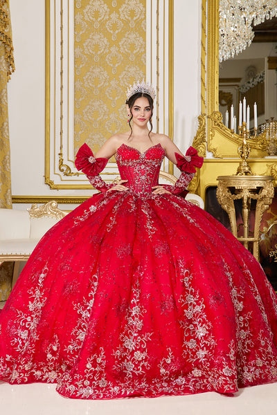 Luxury Red Quinceañera Ball Gown with Gold Embroidery