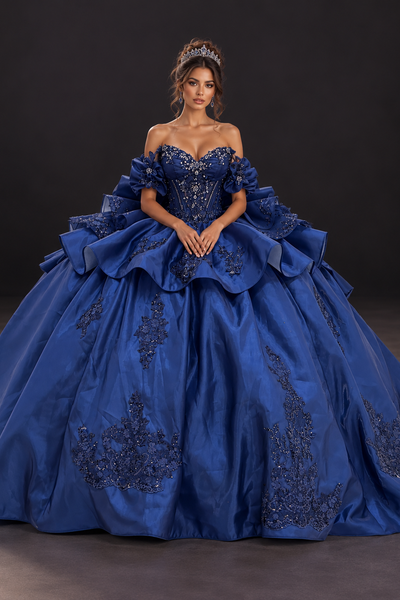 Navy Ruffle Couture Gown for Quinceañera & Formal Events