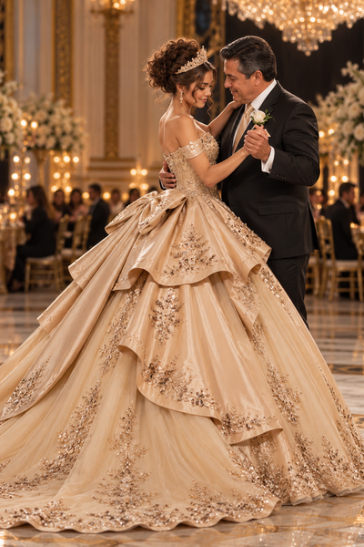 Gold Quinceañera Ball Gown with Train | Queen Collection
