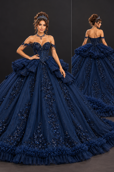 Navy Ruffle Couture Gown for Quinceañera & Formal Events