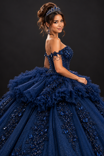Navy Ruffle Couture Gown for Quinceañera & Formal Events