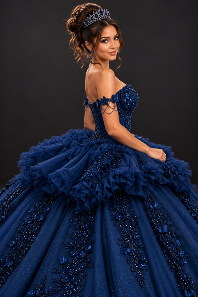 Navy Ruffle Couture Gown for Quinceañera & Formal Events