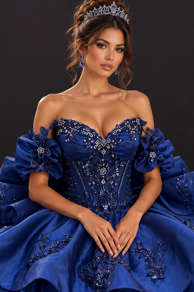 Navy Ruffle Couture Gown for Quinceañera & Formal Events
