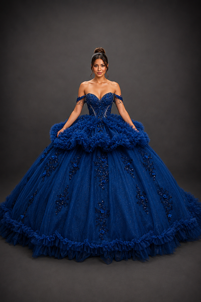 Navy Ruffle Couture Gown for Quinceañera & Formal Events