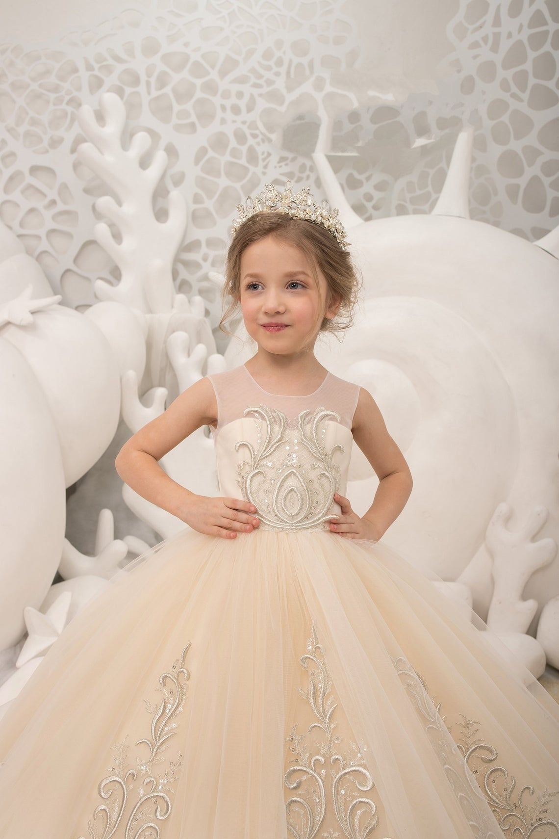 Flower Girl Wedding Party Dress Natural Pageant Gown Birthday Dress Beaded Lace
