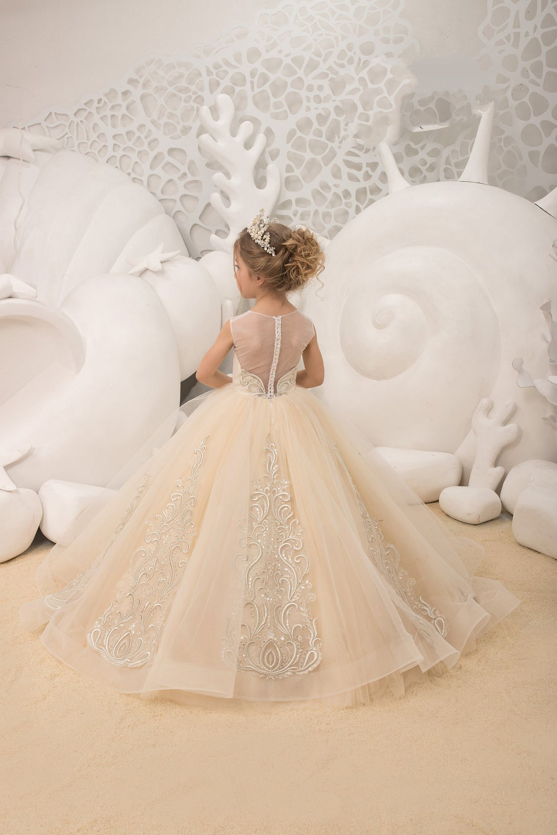 Flower Girl Wedding Party Dress Natural Pageant Gown Birthday Dress Beaded Lace