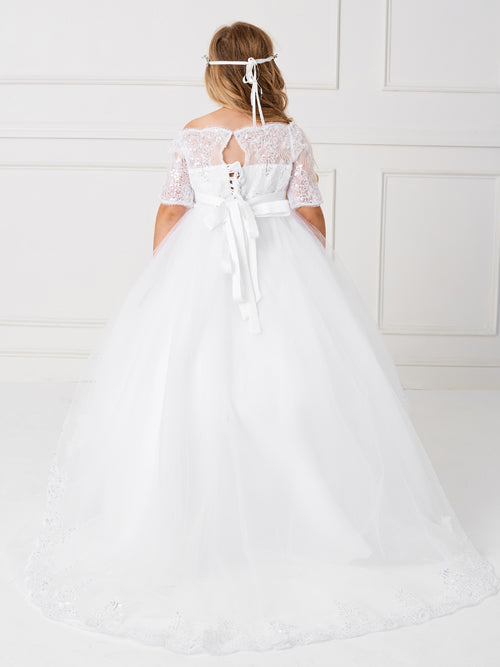 Off The Shoulder First Communion Dress With Lace Train