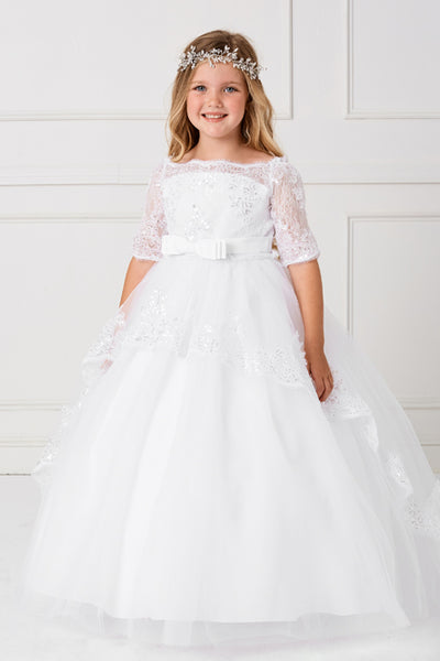 Off The Shoulder First Communion Dress With Lace Train