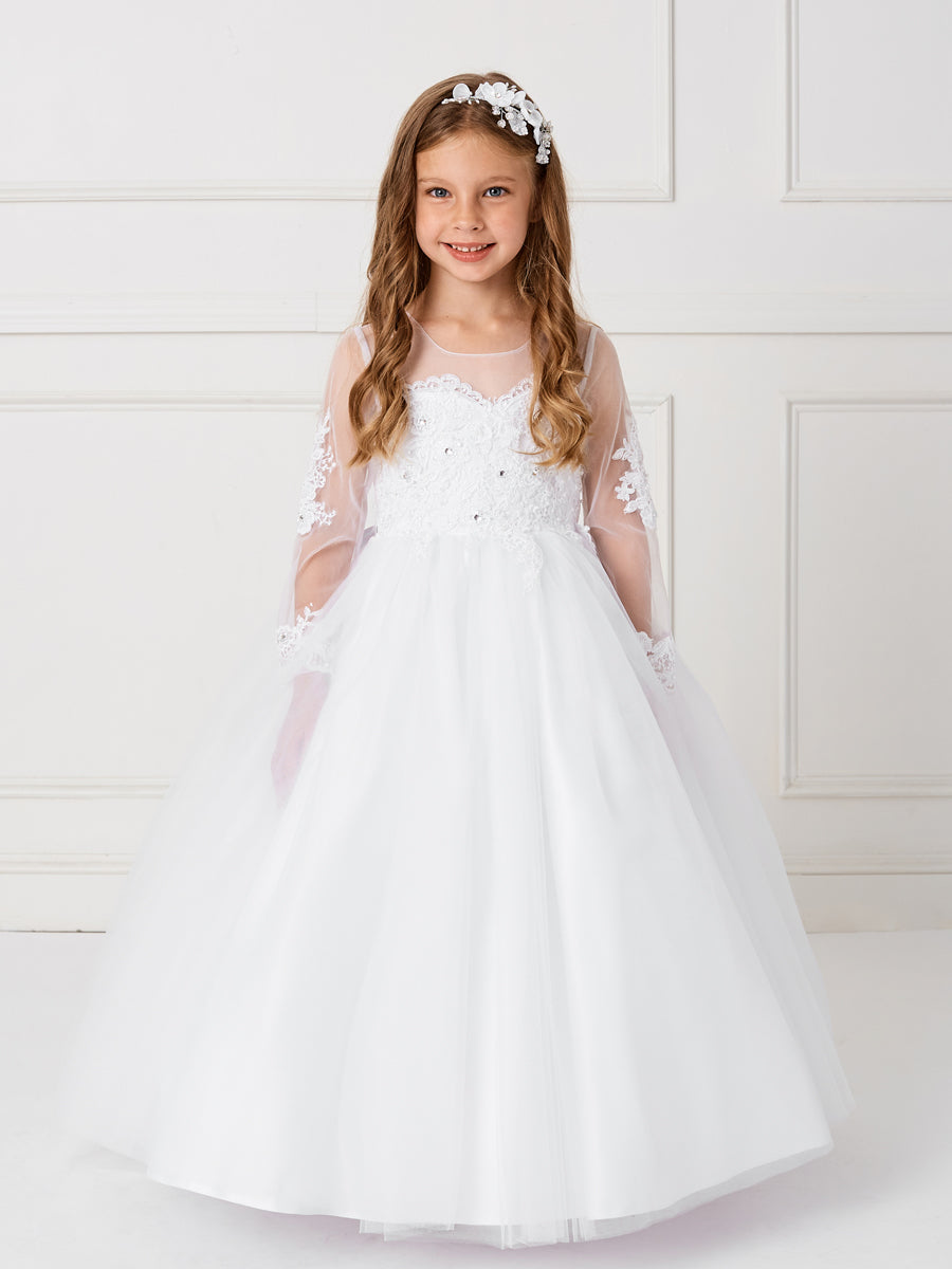 Gorgeous Long Sleeve 1st Communion Dress With Sheer Neckline