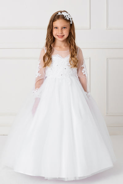 Gorgeous Long Sleeve 1st Communion Dress With Sheer Neckline