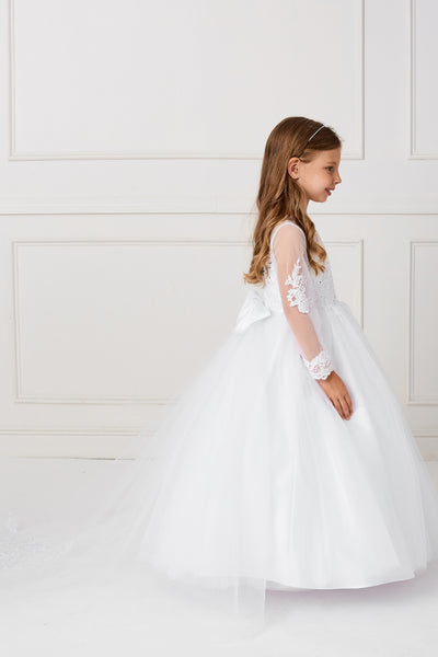 Gorgeous Long Sleeve 1st Communion Dress With Sheer Neckline
