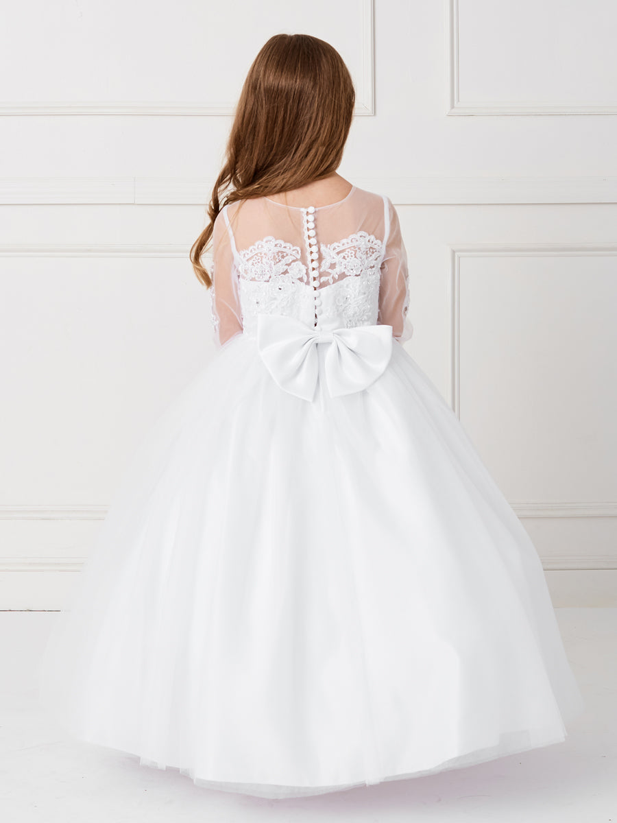 Gorgeous Long Sleeve 1st Communion Dress With Sheer Neckline