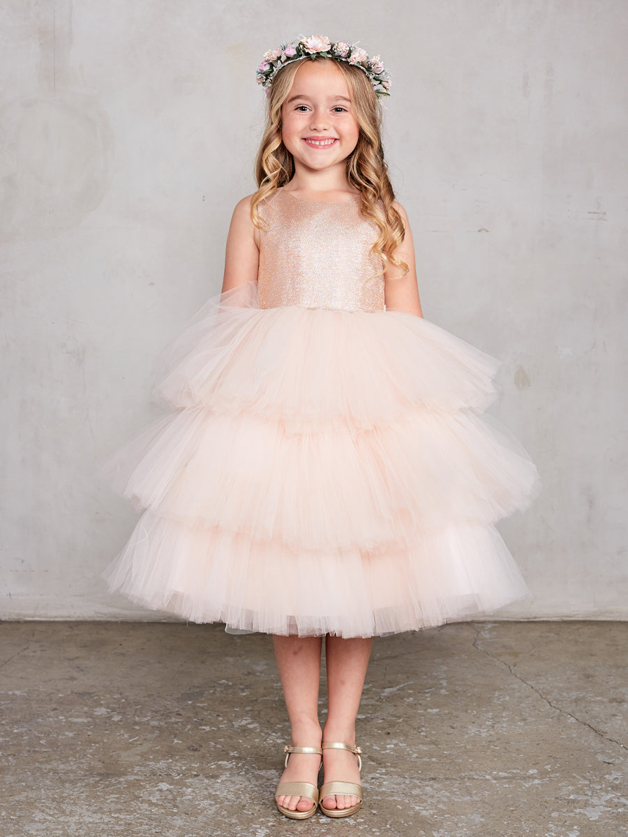 Girls Beautiful Metallic Glitter Pageant Party Dress With Tulle Skirt