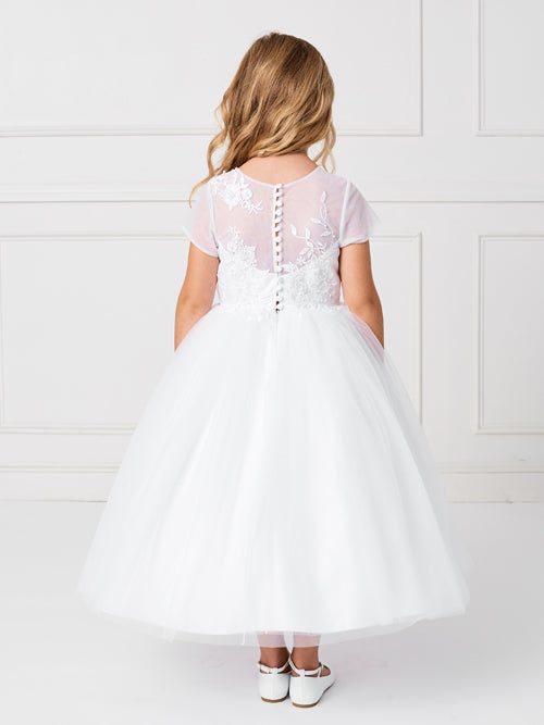 Tea Length First Communion Dress With Illusion Neckline