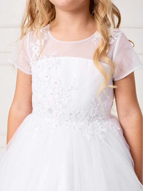 Tea Length First Communion Dress With Illusion Neckline