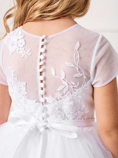 Tea Length First Communion Dress With Illusion Neckline