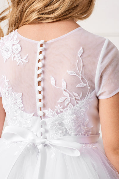 Tea Length First Communion Dress With Illusion Neckline